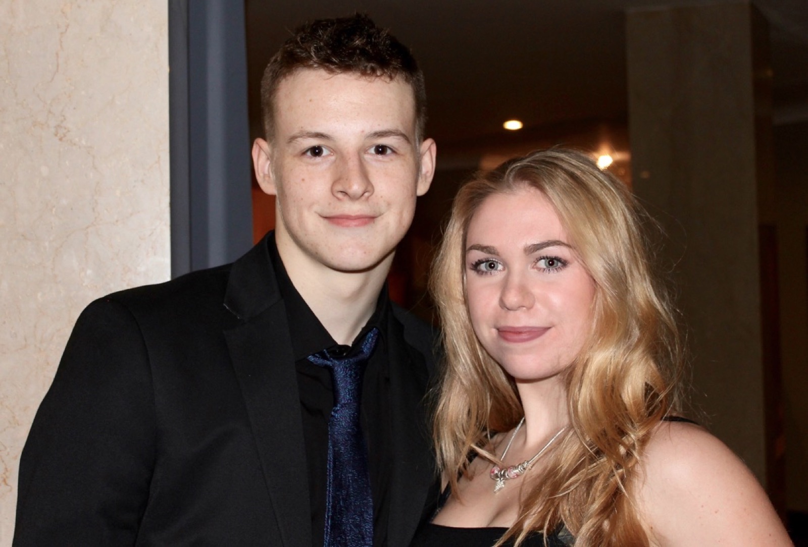 Chloe and Owain dressed up smartly at an evening event